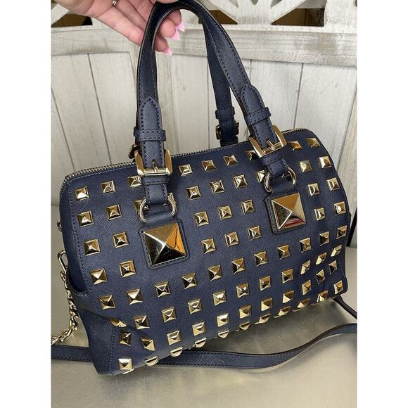Michael Kors Navy Blue Leather Gold Studded Grayson Satchel Top Handle - Picture 2 of 12